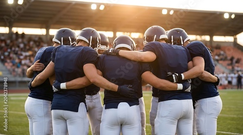 football players huddle on field at sunset teamwork sports athletes uniforms helmet photo realistic outdoor