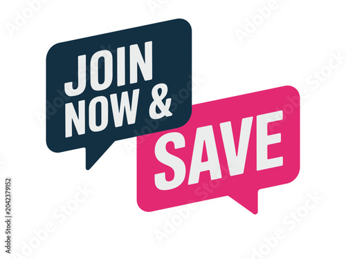 A colorful vector graphic illustration of two speech bubbles with promotional text, encouraging viewers to join and save.