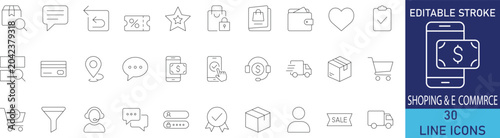 Shopping and e-commerce digital retail line icon set. Vector symbols for online store, checkout cart, mobile marketplace, commercial delivery, and consumer payment.