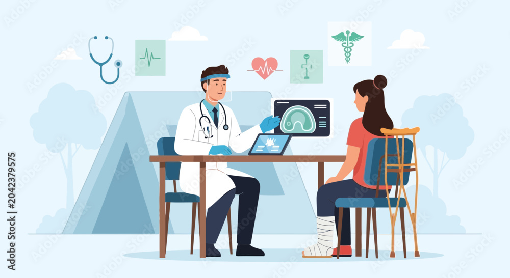 Fototapeta premium Medical Consultation: Doctor Examining X-Ray With Patient's Leg Injury Treatment