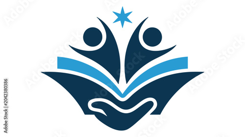 Floral Emblem Vector Logo with Star, Circular Eyes, Blue Ribbon Stripes, and Abstract Symmetrical Wings Design