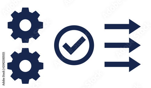 Schilderij op canvas Iconic representation of a streamlined process, showing gears, a checkmark, and output arrows, symbolizing efficiency and successful completion