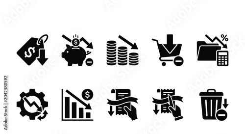 Tableau sur toile Financial crisis icons set silhouette illustrations of economic downturn and rec