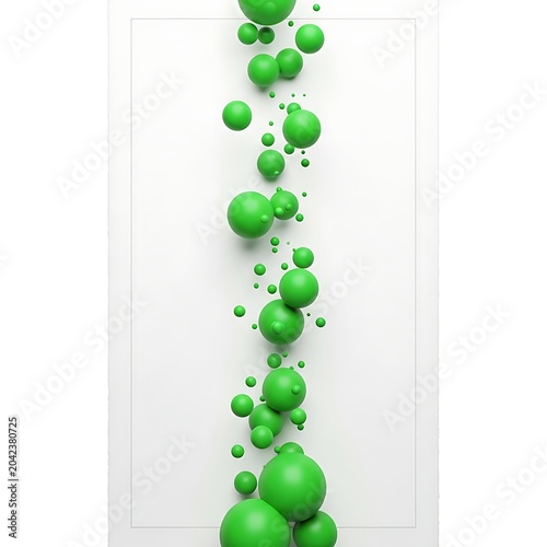 Vibrant green spheres cascade vertically against a minimalist white background
