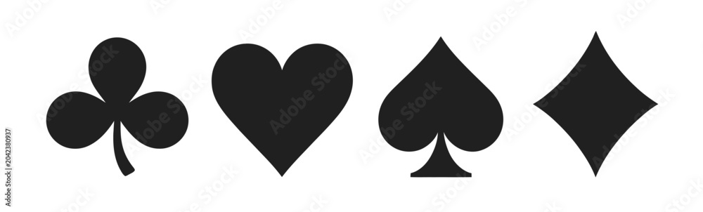 Obraz premium card suit icons pack, black minimalist glyph symbols for spade heart diamond club, gambling and poker game design elements, simple modern vector set on white background.