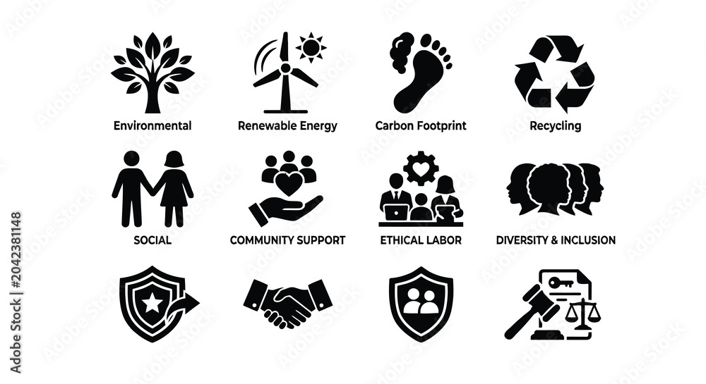 Obraz premium Esg icons set environmental social and governance principles black silhouette vector graphics