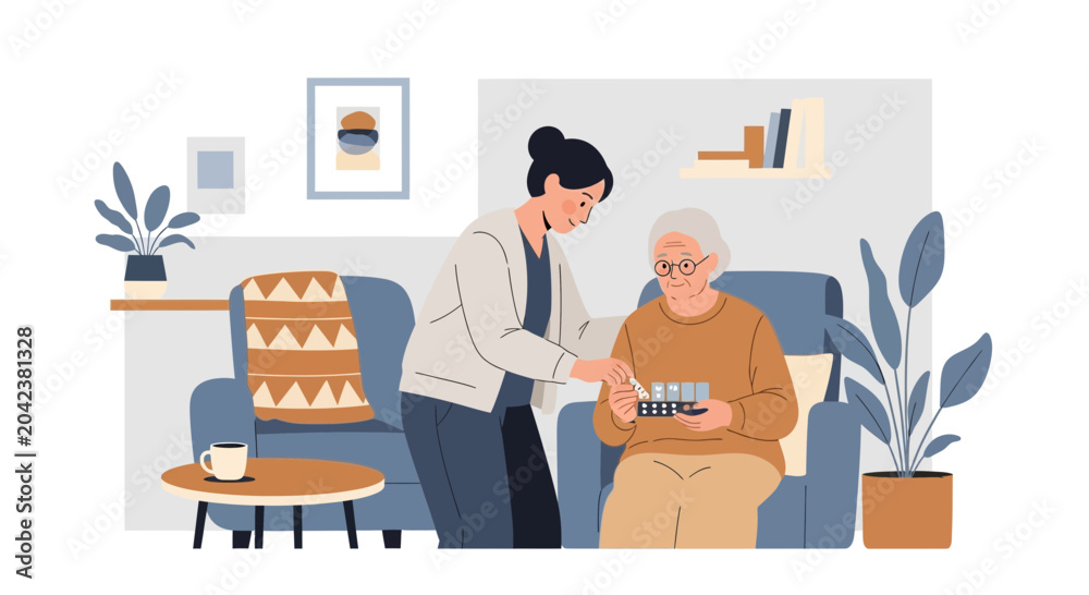 Fototapeta premium Caregiver assisting elderly woman with digital device at home, illustration