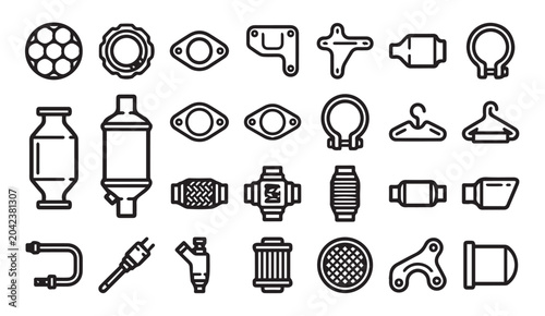 Bild auf Leinwand Car exhaust and engine internal components line icons set with automotive