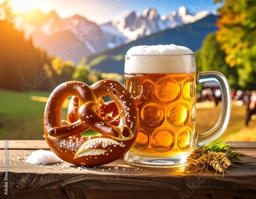 A frothy beer mug and pretzel on a wooden table with a scenic mountain background