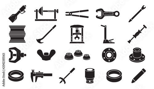 Set of specialized mechanical tools and industrial hardware icons with hardware