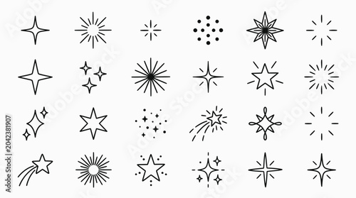 Sparkle collection diverse black line art starbursts glitter effects and shining star icons set