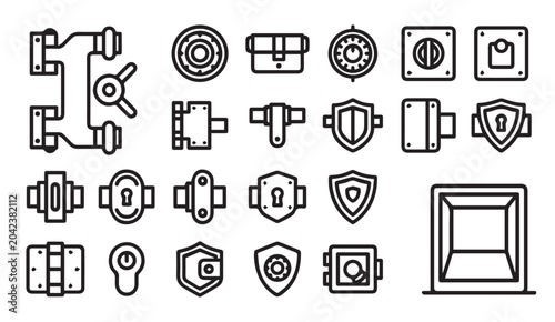 Shield and protective locking mechanism hardware icon set with protection