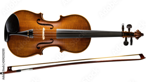 Bilde på lerret Antique wooden violin with polished finish and horsehair bow, isolated on transp