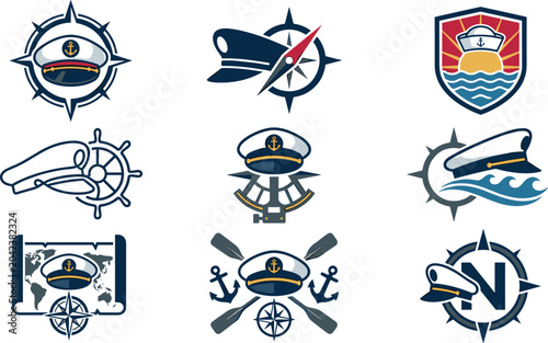 Bild auf Leinwand Nautical Captain Hat Badge Set with Compass, Ship Wheel, Anchor, and Map Symbols