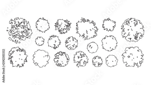 Set of top view trees silhouettes for architectural landscape design and site planning.