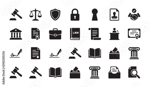 Collection of legal and justice system symbols and law icons with attorney