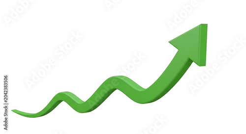 Wavy green growth arrow representing fluctuating positive trends with business fluctuation performance progress analysis increase positive investment statistics management corporate