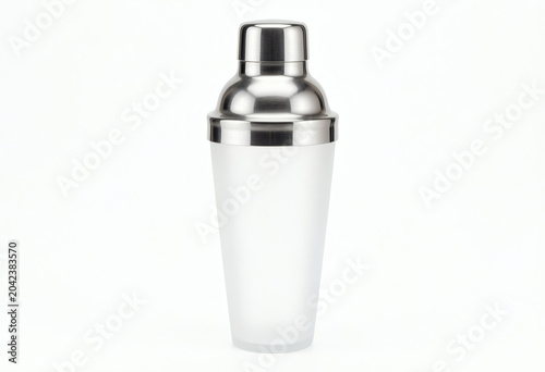 A Frosted Glass And Stainless Steel Cocktail Shaker Centered Against A Solid White Background
