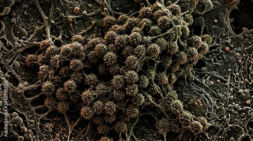 Microscopic View of Aspergillus Fungi Colony with Spores and Hyphae.