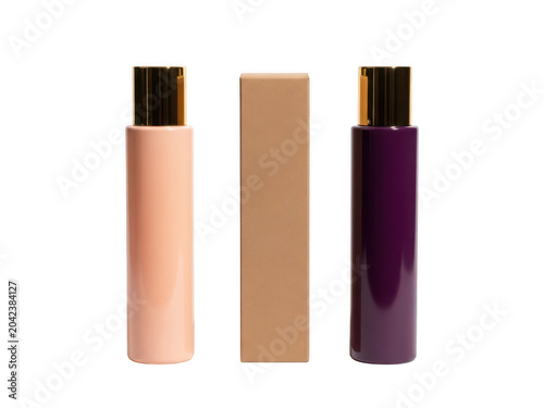 Two sleek cosmetic bottles with dropper applicators