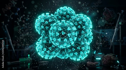 Abstract representation of glowing blue virus cells in a dark, futuristic laboratory setting.