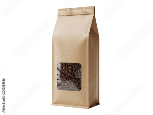 Brown kraft paper coffee bag with clear window and label