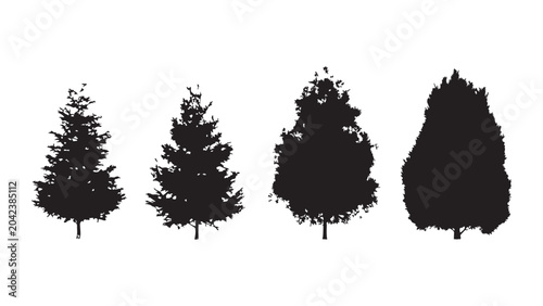 Black silhouette collection of pine and fir trees for forest landscape design and layouts.