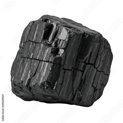 Coarse black charcoal lump with rugged texture and sharp edges