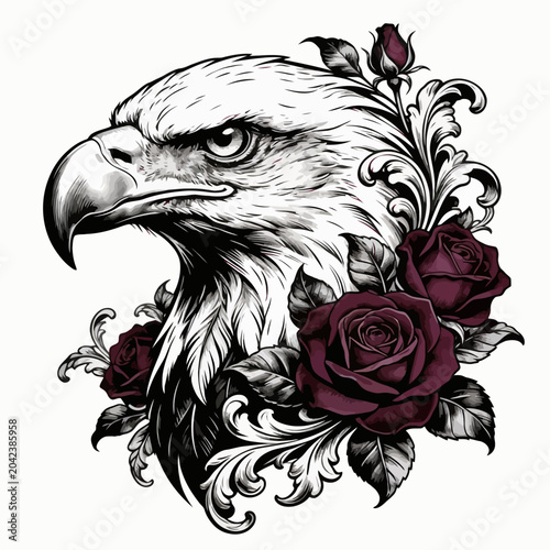 Bald Eagle Head with Roses Tattoo Illustration