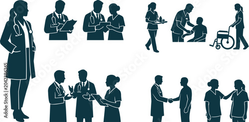 Medical staff silhouette character set featuring doctors nurses care providers examining patients shaking hands and wheelchair assistance vectors