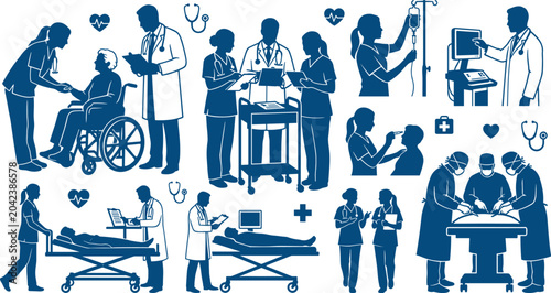 Cuadro en lienzo Medical staff silhouette character set featuring hospital surgery doctors nurses