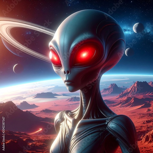 A futuristic alien with glowing red eyes against a cosmic backdrop