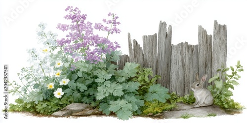 a vintage watercolor art of an old wooden fence and garden path, with wildflowers on the side and a small bunny sitting beside it.