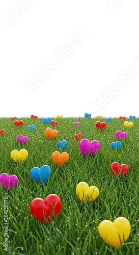 Vibrant heart-shaped balloons scattered across a dew-kissed green grassy field
