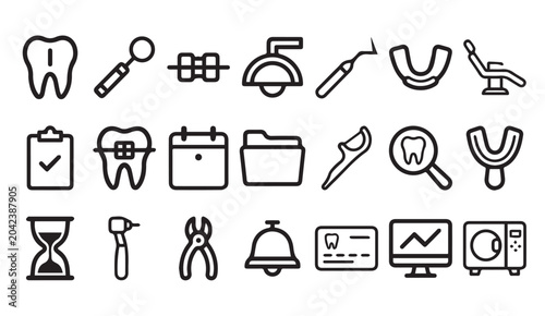 Schilderij op canvas Orthodontic treatment and dental practice line icon set with dentistry, calendar
