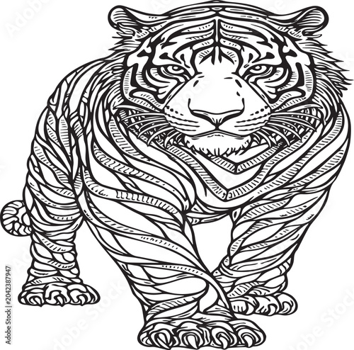 Tiger graphic featuring intricate line work patterns isolated on a white background for creative design and commercial projects.