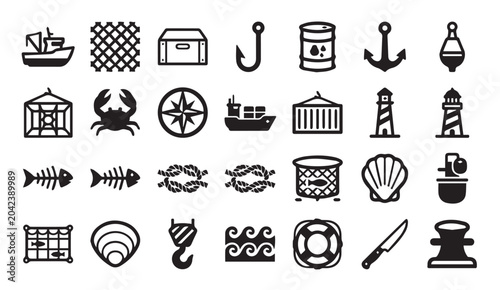 Fotografía Marine fishing and nautical maritime theme flat vector icon set with nautical