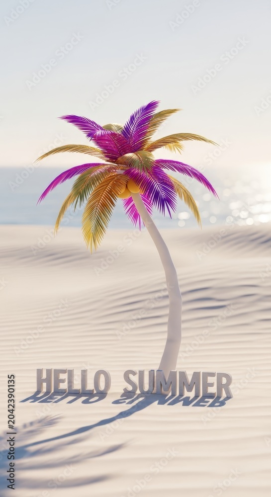 Fototapeta premium Stylized tropical palm tree on sunlit sand with purple and gold leaves and hello summer text for vertical poster background and banner design