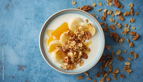Bowl of yogurt with banana, peaches and granola on blue table