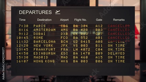 Departures board LED updating all European flights to cancelled in a CG animation, blurred sunset terminal background. Airline strike coverage, aviation crisis news, mass cancellation.