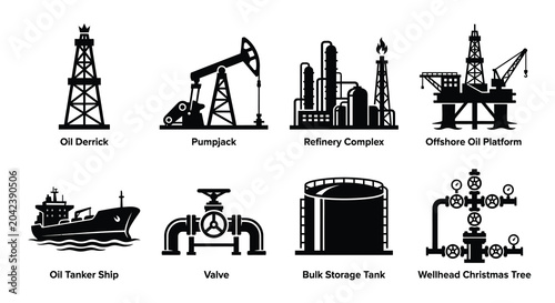 Photos Oil and gas industry icons set drilling refining transport and equipment silhoue