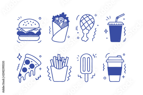 Collection of blue line representing fast food and drinks burger wrap chicken pizza