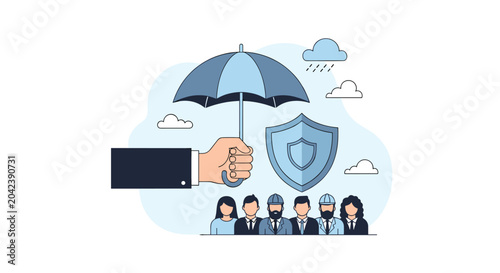 Large hand holding an umbrella over a shield and a group of diverse professionals, symbolizing comprehensive insurance, robust protection, and employee benefits.
