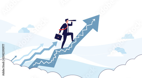 Businessman with a telescope and briefcase steadily walking up a large rising arrow graph among clouds, symbolizing strong business growth and strategic vision.
