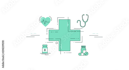 Medical Cross, Heartbeat, and Medical Tools Illustration for Healthcare Professionals