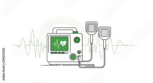 Medical Defibrillator Depicted on a White Background with Green Heartbeat Imagery