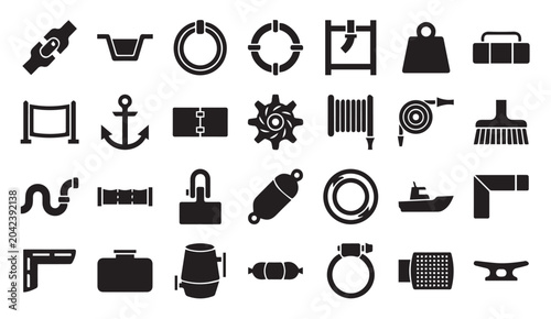 Industrial hardware and mechanical parts solid icon set with industry, hardware