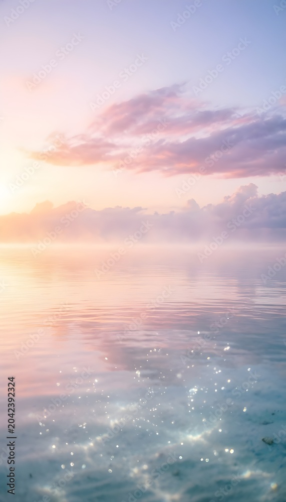 Fototapeta premium Dreamy pastel sky background with warm peach sunlight and smooth calm ocean