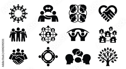 Community support icons diverse group silhouettes representing collaboration connection and social responsibility