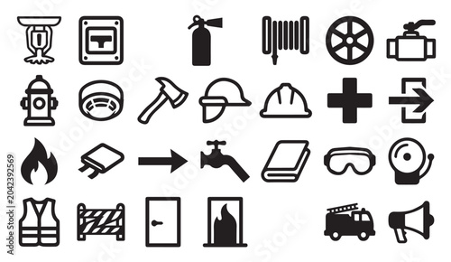 Schilderij op canvas Fire safety and emergency response equipment icons with emergency, protection